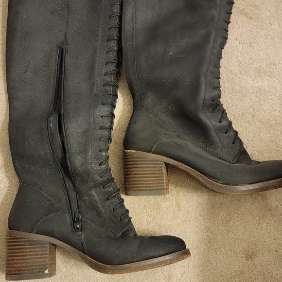 Leather Lace Up Over Knee Boots - Picture 3 of 4